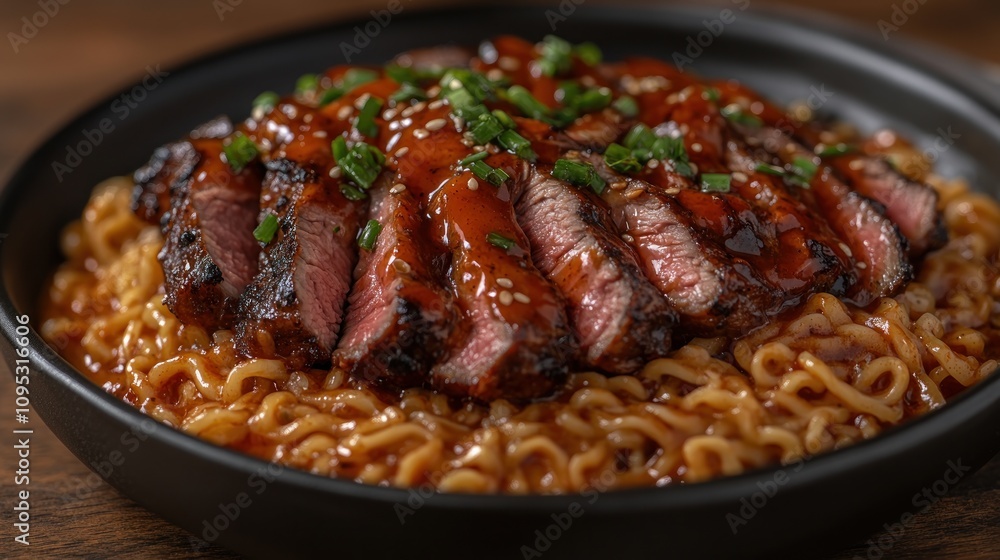 Sliced teriyaki steak over spicy noodles in a black bowl. Sliced teriyaki steak over spicy noodles in a black bowl.