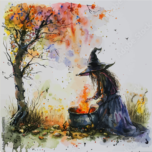 A watercolor drawing of Witch with Magic Cauldron, isolated on a white background. Witch vector.