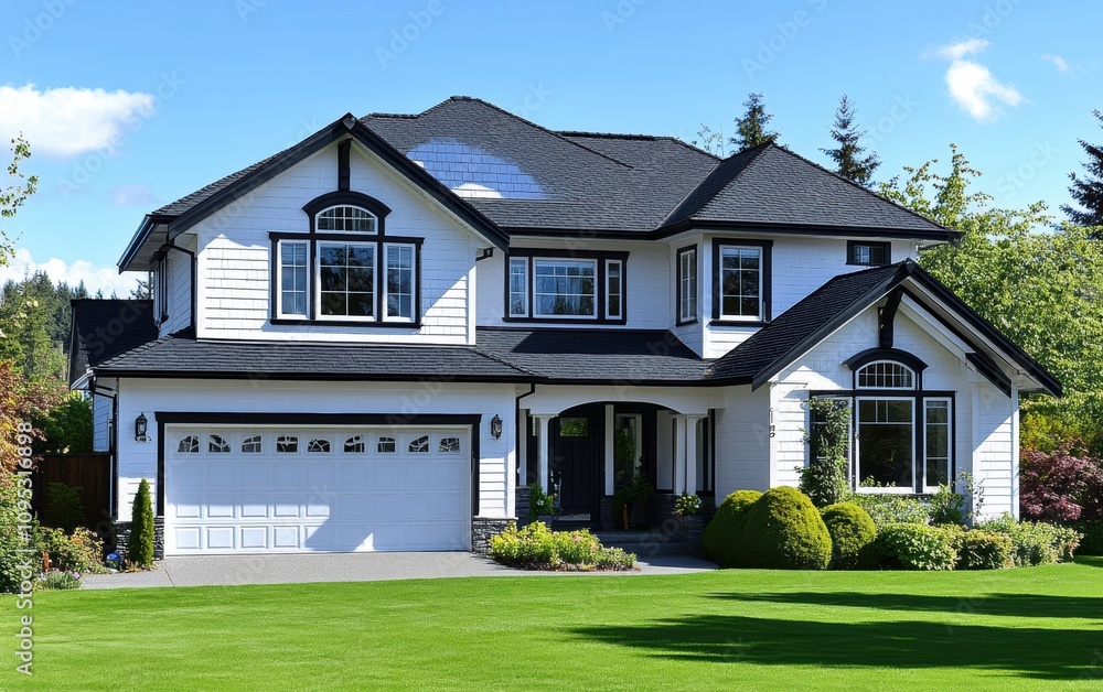 Charming Two-Story Suburban House with Beautiful Landscaping, Lush Green Lawn, and Inviting Entrance Ideal for Family Living and Outdoor Activities Charming Two-Story Suburban House with Beautiful Landscaping, Lush Green Lawn, and Inviting Entrance Ideal for Family Living and Outdoor Activities