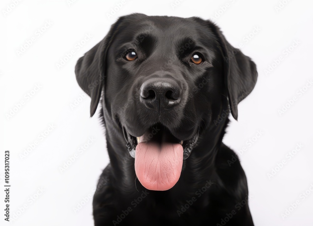 Cheerful Black Labrador Retriever with a Playful Expression Sitting Against a Plain White Background, Perfect for Pet Lovers and Animal Enthusiasts Cheerful Black Labrador Retriever with a Playful Expression Sitting Against a Plain White Background, Perfect for Pet Lovers and Animal Enthusiasts