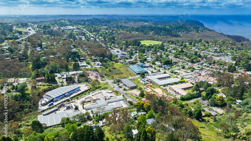 Drone aerial photograph of an industrial precinct in the town of Katoomba adjacent to the Jamison Valley in the upper Blue Mountains in New South Wales, Australia.