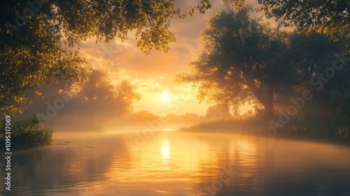 Golden Sunrise Over Misty River And Trees photo