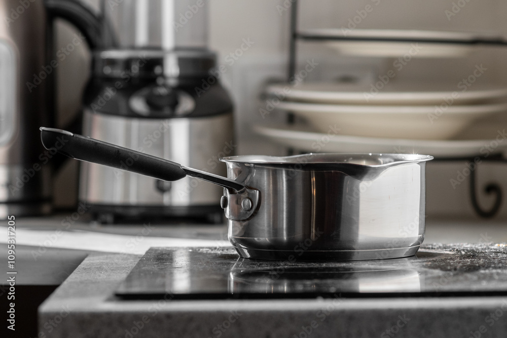 Boiling water with steam in a pot on an electric stove in the kitchen. Boiling water with steam in a pot on an electric stove in the kitchen.