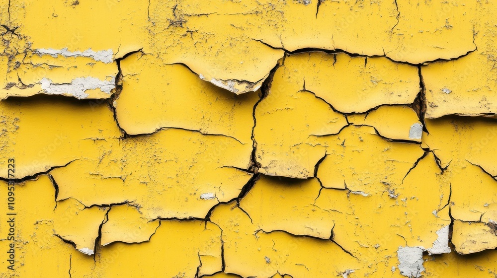 Obraz premium A close-up of cracked, peeling yellow paint revealing a textured surface underneath.