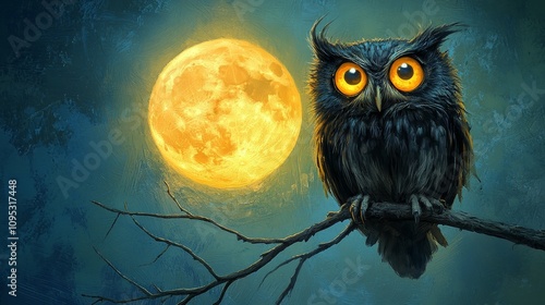 Majestic Owl Under the Harvest Moon - A black owl with luminous yellow eyes perches on a branch, silhouetted against a large, bright harvest moon. Symbolizing wisdom, mystery, night, magic, and nature