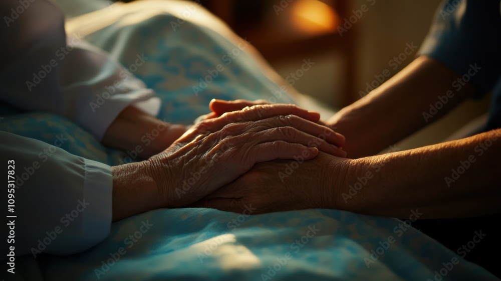 Obraz premium The caring hands of a nurse comforting a terminally ill patient in a hospice, Reflecting compassion and end-of-life care, photography style