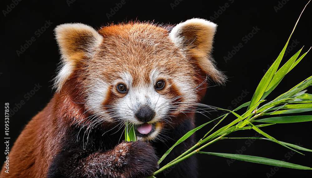 Gorgeous Red Panda (Ailurus fulgens) munching on Bamboo leaves ON BLACK BACKGROUND Gorgeous Red Panda (Ailurus fulgens) munching on Bamboo leaves ON BLACK BACKGROUND