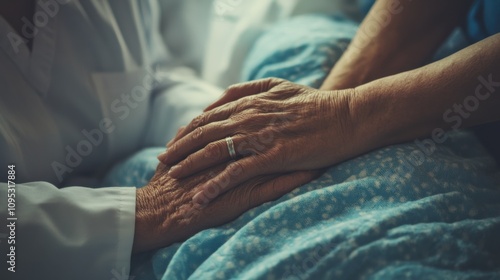 The caring hands of a nurse comforting a terminally ill patient in a hospice, Reflecting compassion and end-of-life care, photography style photo