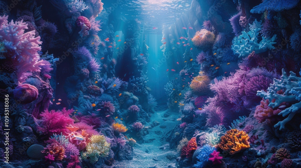 Fototapeta premium A surreal underwater world with vibrant, fantastical sea creatures and colorful coral formations