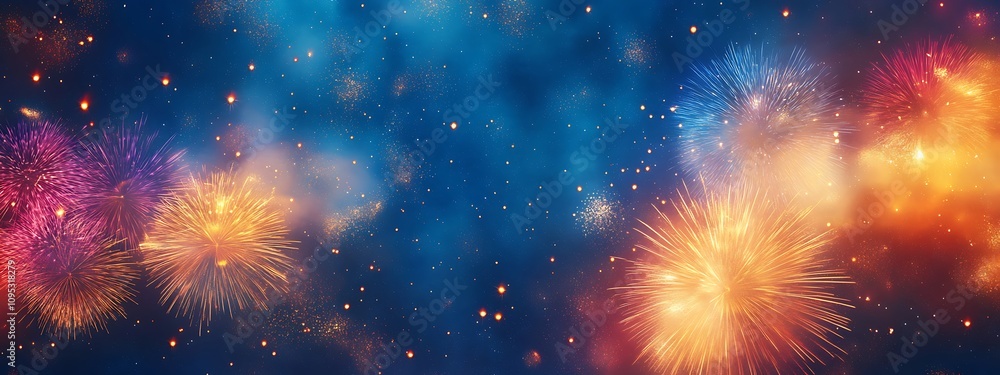 Fototapeta premium Vibrant Fireworks Display Against Dark Blue Sky 