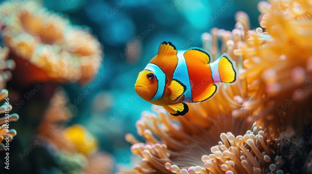 A vibrant, tropical fish swimming in clear blue water with colorful coral and sea anemones A vibrant, tropical fish swimming in clear blue water with colorful coral and sea anemones