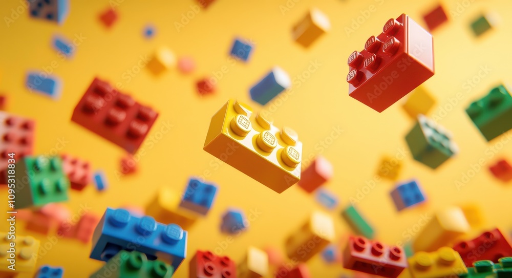 Colorful building blocks floating against a vibrant yellow background, depicting creativity and imagination in play and design for children and adults alike. Colorful building blocks floating against a vibrant yellow background, depicting creativity and imagination in play and design for children and adults alike.