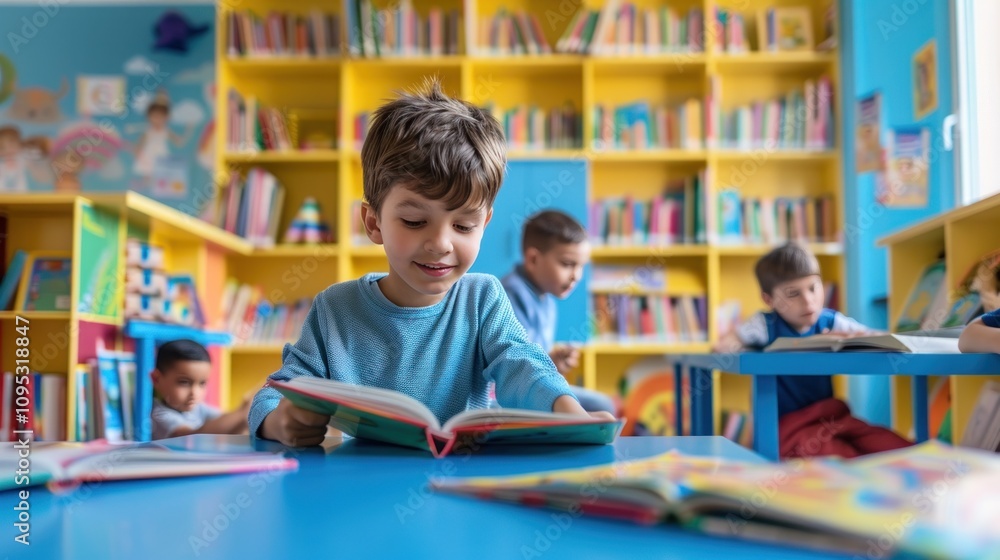 Young Boy Reading in Library Young Boy Reading in Library