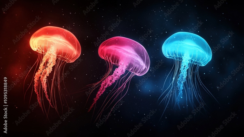 Naklejka premium jellyfish to transparent on mystical. Colorful jellyfish float gracefully against a dark background, showcasing vibrant hues of red, pink, and blue, creating a mesmerizing underwater scene.