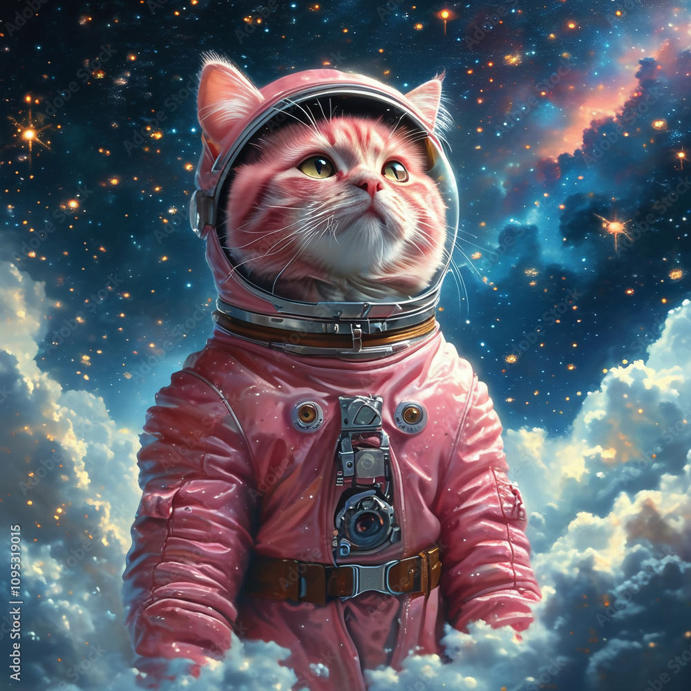 A pink cat in an astronaut suit explores outer space. Generative AI A pink cat in an astronaut suit explores outer space. Generative AI