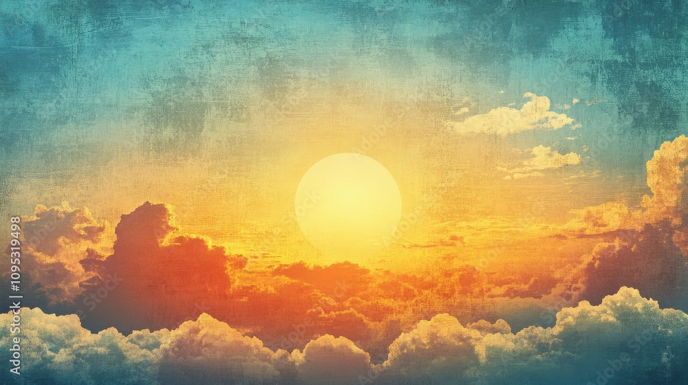 Naklejka premium A vibrant sunset painting the sky with warm hues of orange and blue, creating a serene atmosphere.