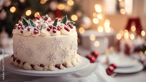 Festive Christmas cake decorated with cranberries, holly, and snowflakes.