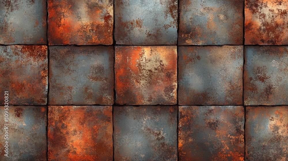 A weathered and textured tile surface featuring a mix of rust and blue tones, evoking an industrial feel.