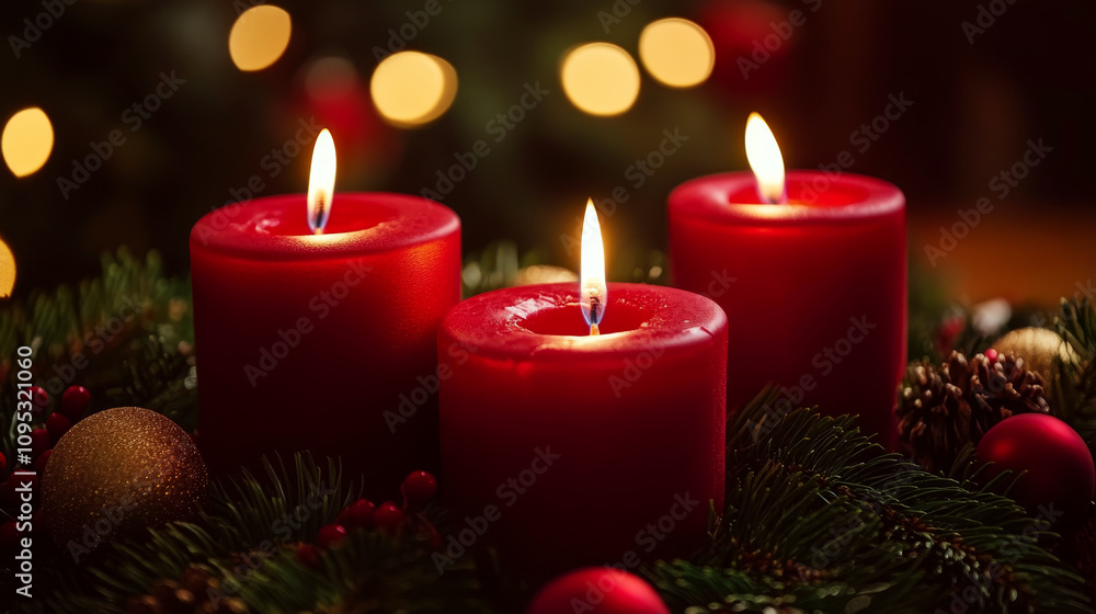 Three red candles are lit among pine branches and ornaments, creating a cozy atmosphere. Concept of warmth and festivity. For holiday decoration inspiration Three red candles are lit among pine branches and ornaments, creating a cozy atmosphere. Concept of warmth and festivity. For holiday decoration inspiration