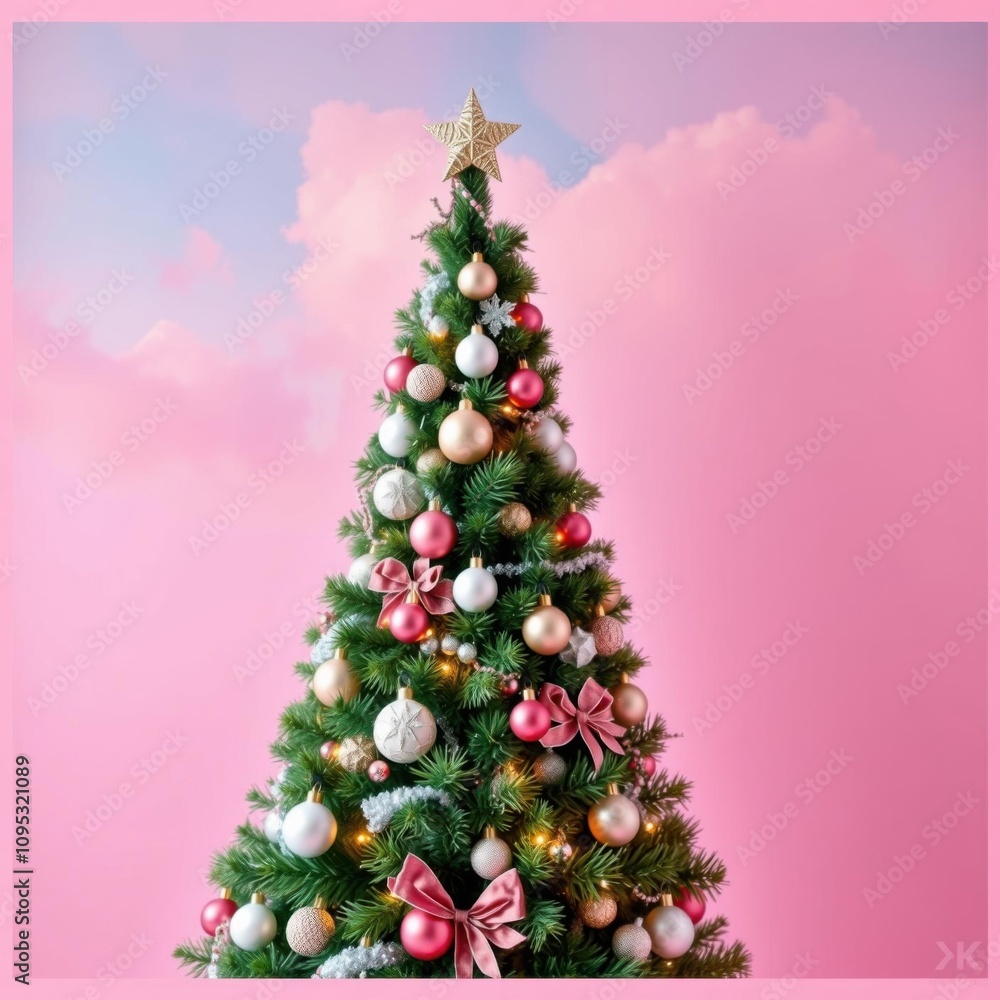 Banner with christmas tree decorated with white and pink seasonal tree ornament baubles on pink background with empty copy space christmas tree holiday winter festive celebration Banner with christmas tree decorated with white and pink seasonal tree ornament baubles on pink background with empty copy space christmas tree holiday winter festive celebration