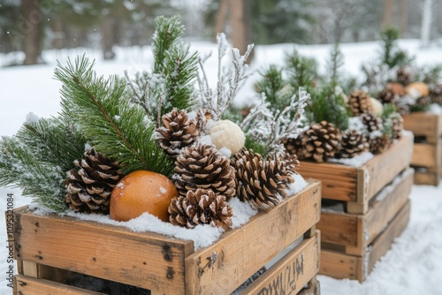 outdoor winter wedding decor, wooden crates dusted with snow holding pinecones and birch branches give a rustic touch to an outdoor winter wedding photo