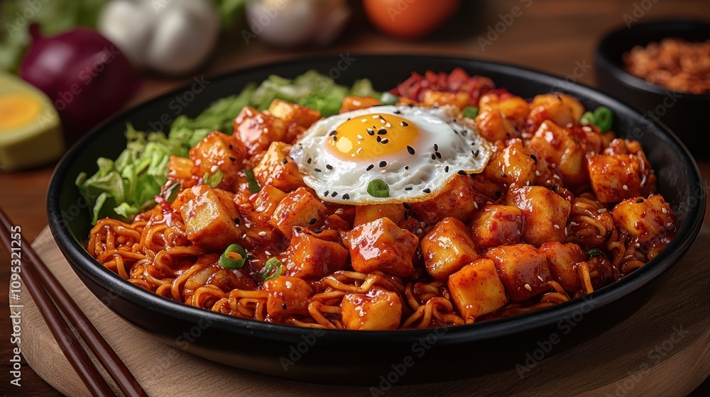 Spicy Korean tofu noodles with fried egg. Spicy Korean tofu noodles with fried egg.