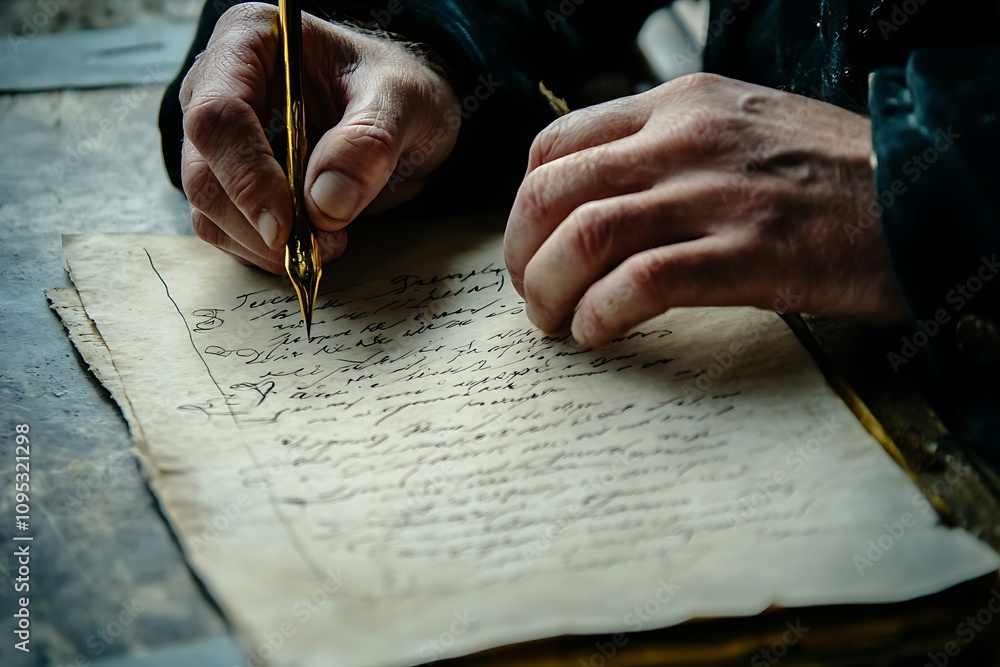 A person writing with a quill on aged paper, capturing a moment of reflection or communication.