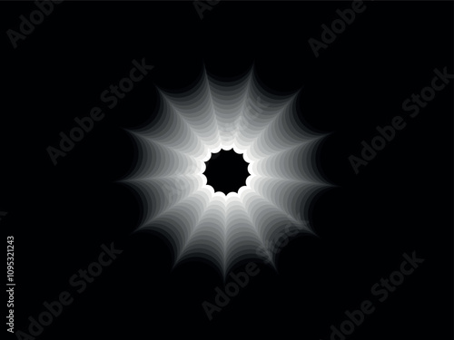 Circle abstract background with dynamic halftone dots in spiral. Yin and yang style. White shape on a black background.