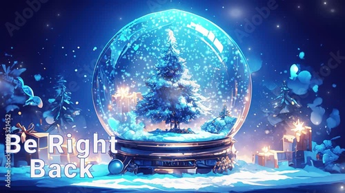 Enjoy winter scene snow globe showcasing bright Christmas tree sparkling snowfall. BRB stream overlay seamless loop Vtuber streamer asset twitch zoom OBS screen animated wallpaper virtual background