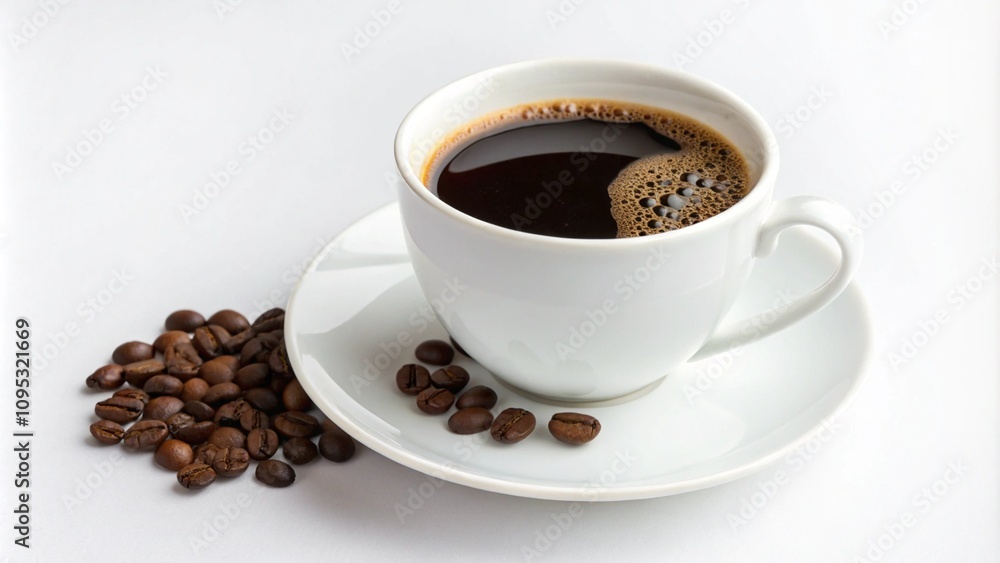 Cup of coffee with beans isolated on white background Cup of coffee with beans isolated on white background
