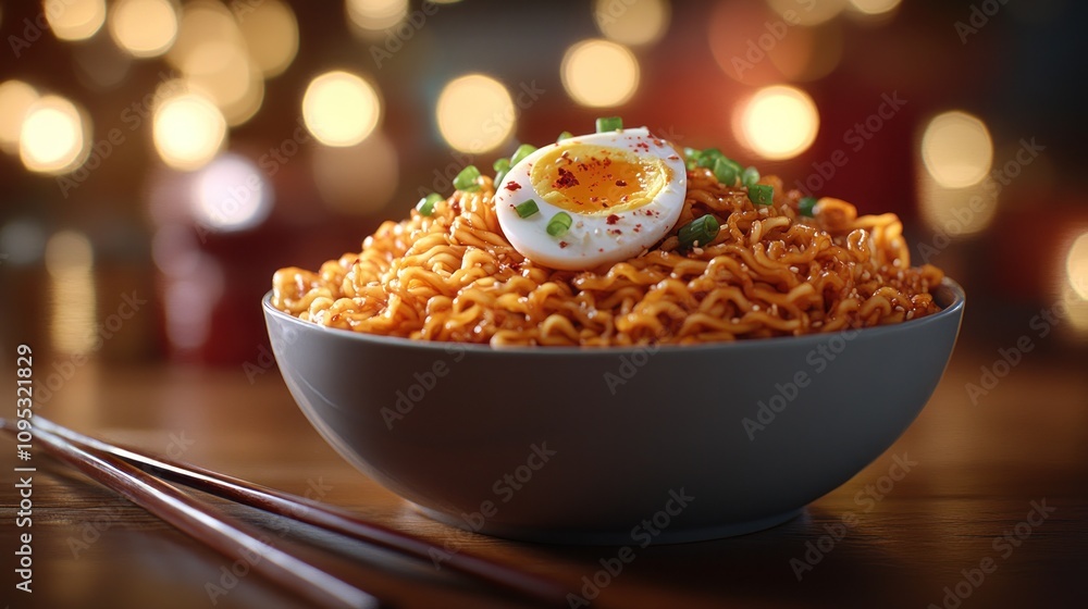 Spicy ramen noodles with egg in bowl. Spicy ramen noodles with egg in bowl.