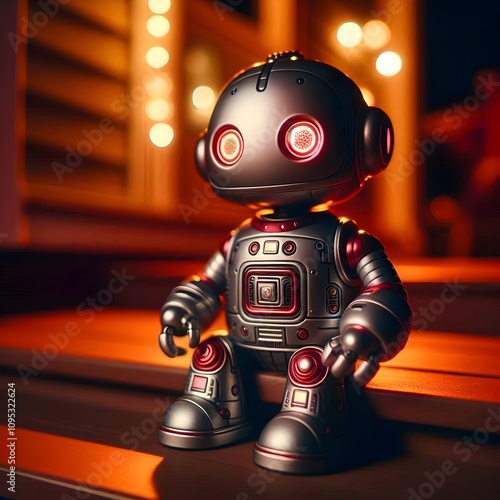 A small, retro-futuristic robot with a cute, chubby design, sitting on the steps of a warmly lit porch at night.