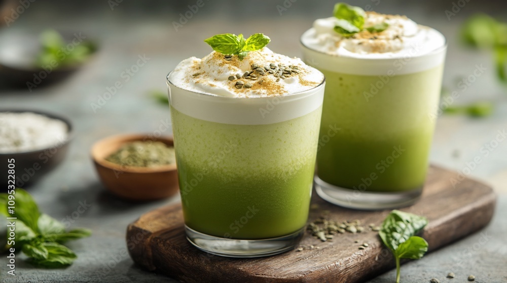 Two matcha iced lattes with whipped cream and crumble topping. Two matcha iced lattes with whipped cream and crumble topping.