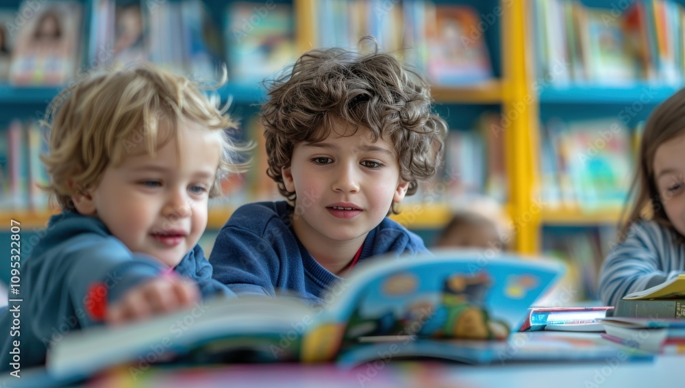 Children reading together in a library Children reading together in a library