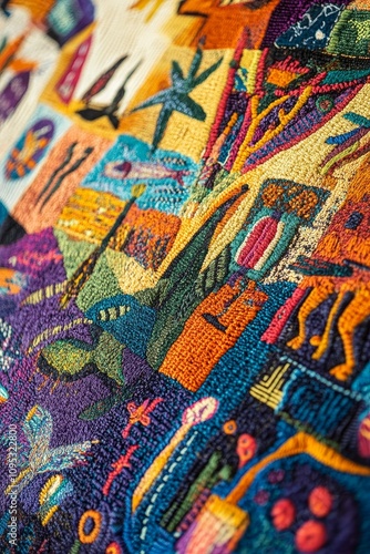 Vibrant, multicolored embroidered textile close-up.