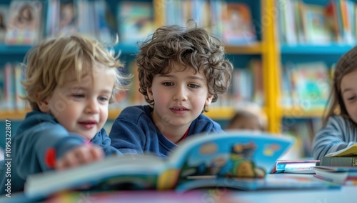 Children reading together in a library