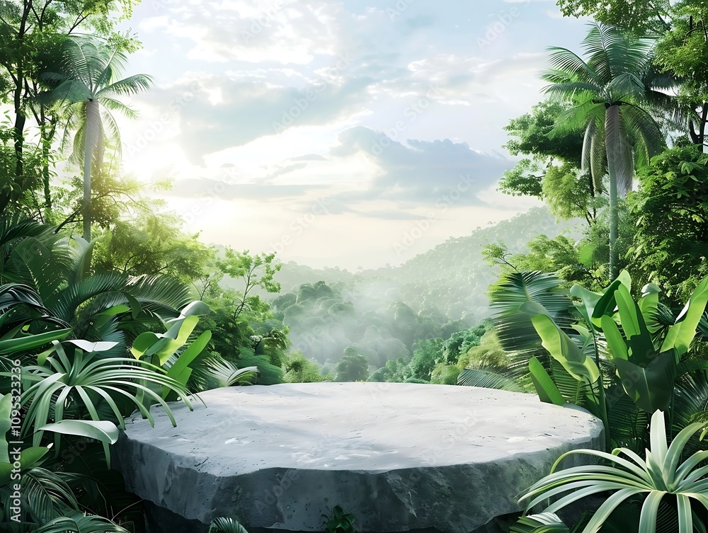 Empty stone table in tropical garden with palm trees. 3d render Empty stone table in tropical garden with palm trees. 3d render