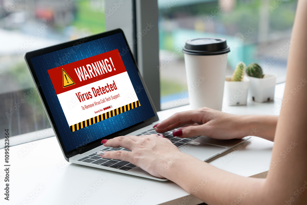 Virus warning alert on computer screen detected modish cyber threat , hacker, computer virus and malware Virus warning alert on computer screen detected modish cyber threat , hacker, computer virus and malware