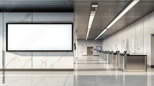 Modern Train Station Check-In Area: Oversized Vertical Display, White Marble Floors, Backlit Logos, and Stainless Steel Counters in Sharp Focus. Commercial Interior Photography.