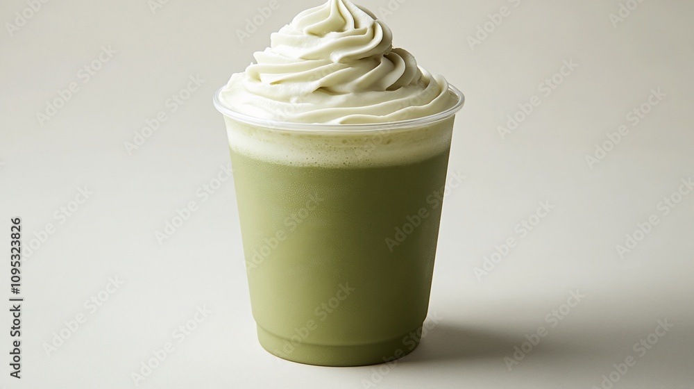 Iced matcha green tea latte with whipped cream. Iced matcha green tea latte with whipped cream.