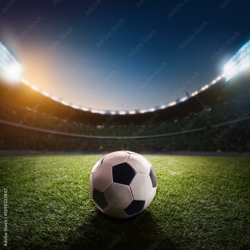 Fototapeta premium Fußball unter Lichtern auf grünem Spielfeld