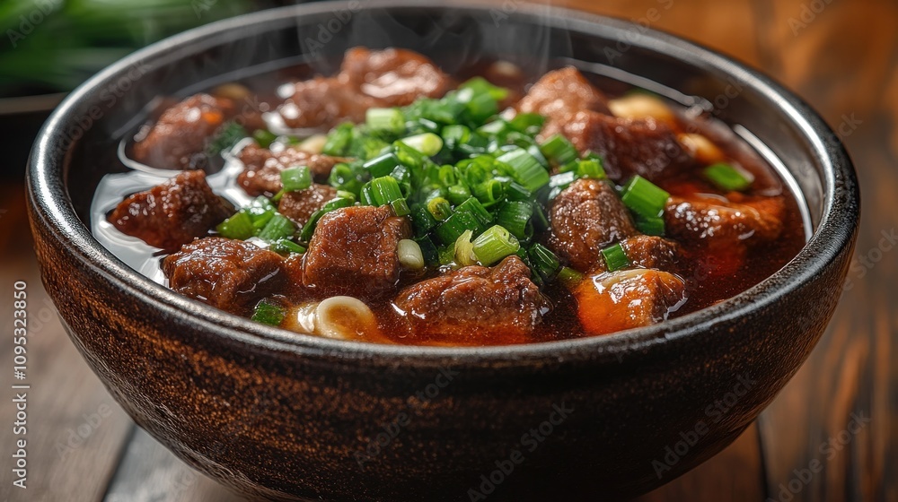 Steaming bowl of beef stew with noodles and scallions. Steaming bowl of beef stew with noodles and scallions.