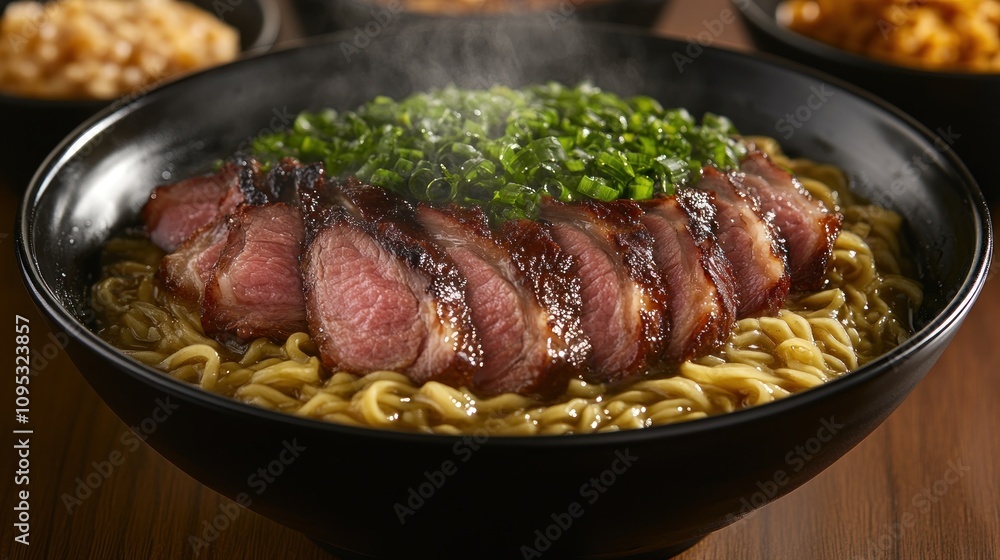 Steaming bowl of noodles topped with sliced char siu pork and scallions. Steaming bowl of noodles topped with sliced char siu pork and scallions.