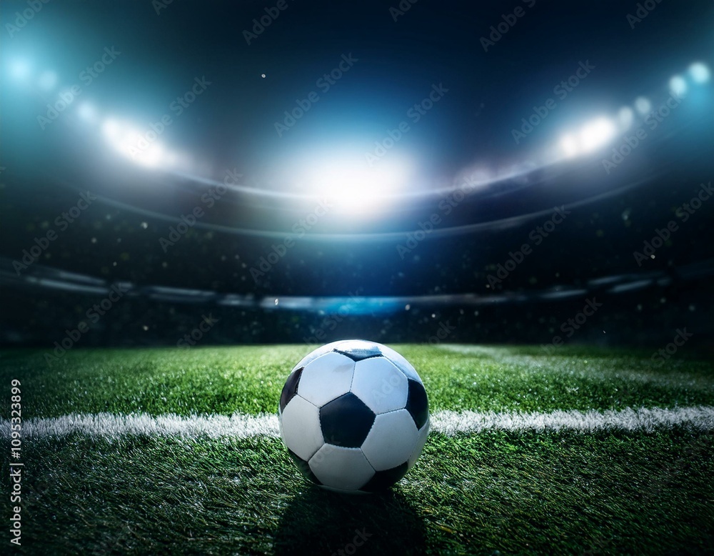 Fototapeta premium Fußball auf dem Spielfeld im Stadion mit Beleuchtung