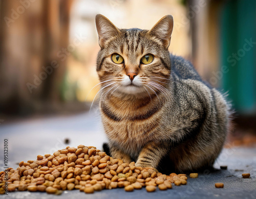 A tabby cat with bright yellow eyes sits next to a pile of dry cat food kibbles on the street