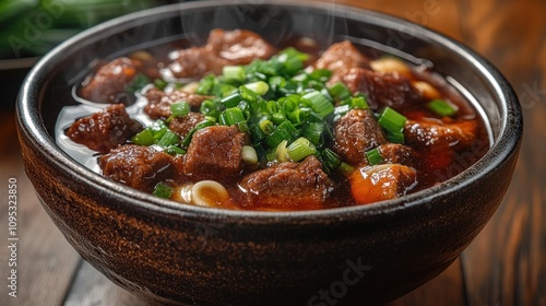 Steaming bowl of beef stew with noodles and scallions.