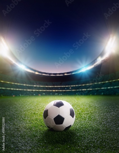 Flutlichtstadion mit Fußball auf dem Rasen