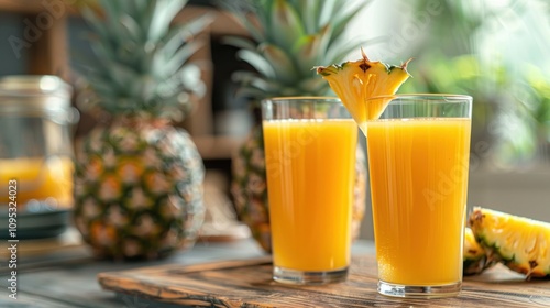 Two Glasses of Refreshing Pineapple Juice with Fresh Pineapple Slices