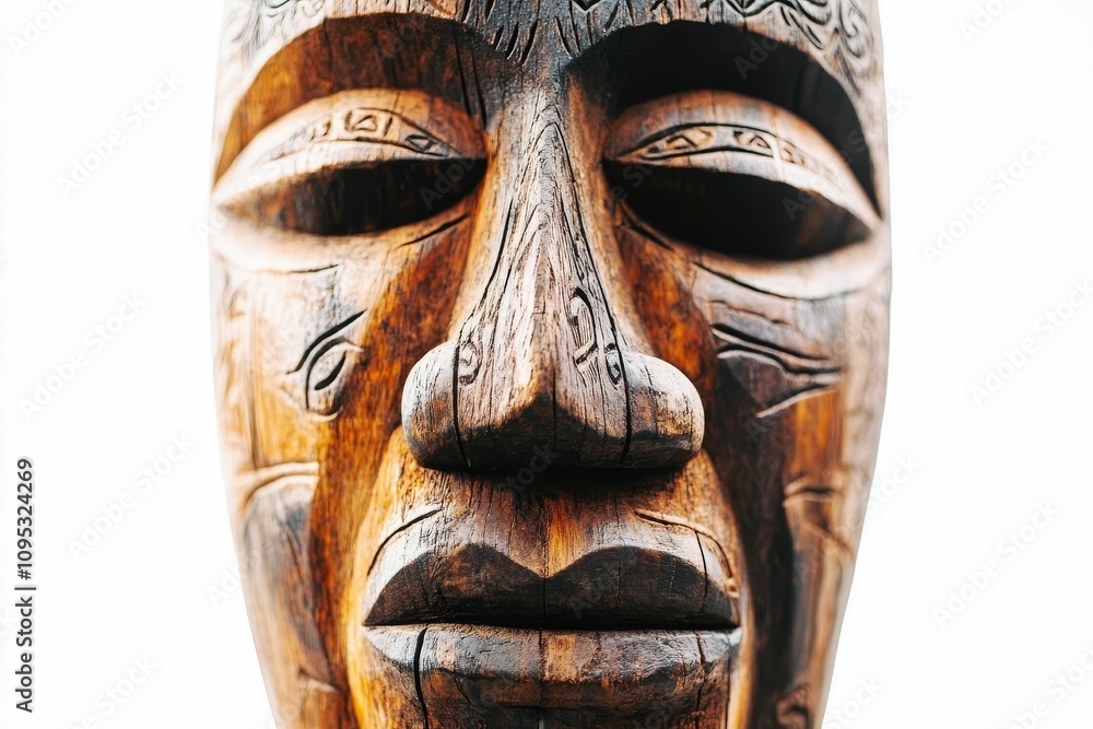 Intricate carved wooden mask, serene expression. Intricate carved wooden mask, serene expression.