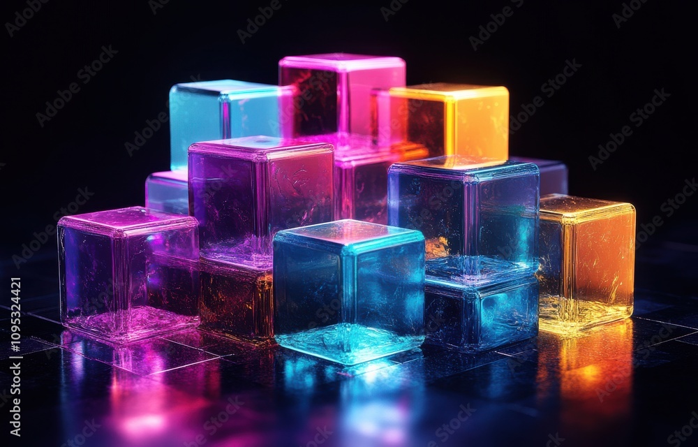 Colorful transparent ice cubes arranged creatively with vivid lighting effects, creating a visually striking and modern abstract composition on a dark background. Colorful transparent ice cubes arranged creatively with vivid lighting effects, creating a visually striking and modern abstract composition on a dark background.